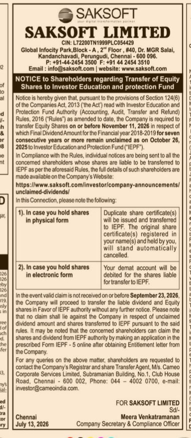 NOTICE TO SHAREHOLDERS OF SAKSOFT