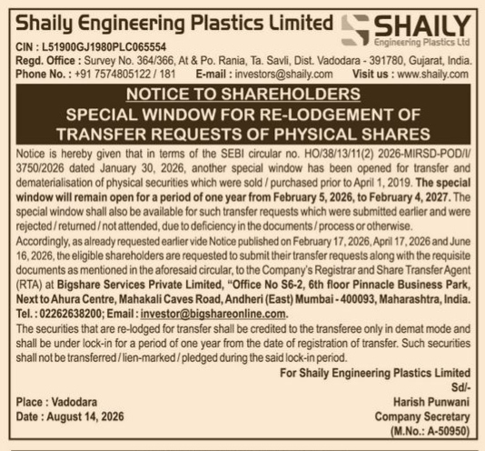 Notice to Shareholders: Special Window for Re-Lodgement of Physical Shares Transfer