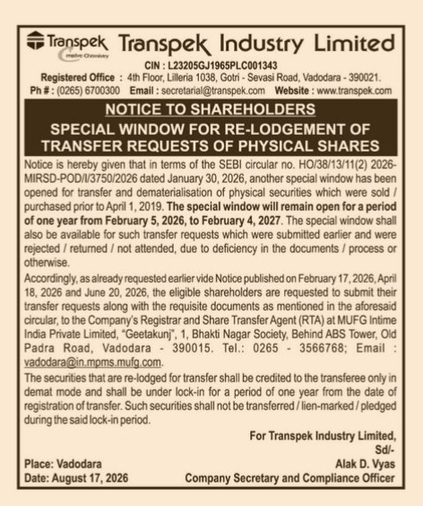 Notice to Shareholders: Special Window for Re-Lodgement of Transfer Requests of Physical Shares