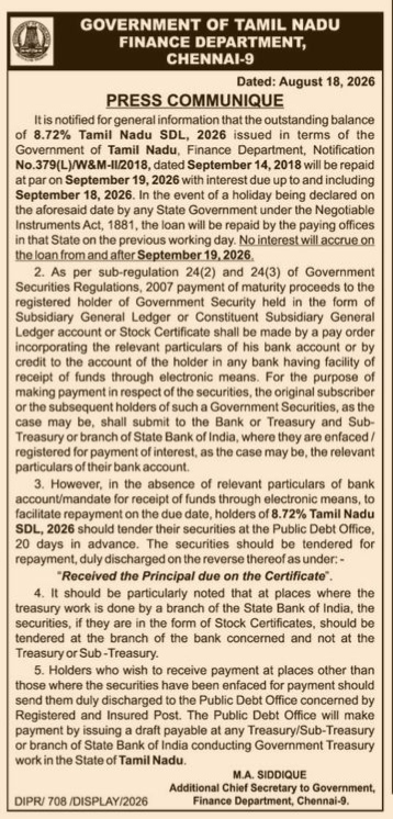 Notification for Repayment of 8.72% Tamil Nadu State Development Loan (SDL), 2026