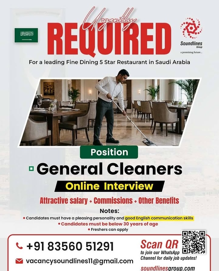Now Hiring: General Cleaners for 5-Star Fine Dining in Saudi Arabia! 🇸🇦