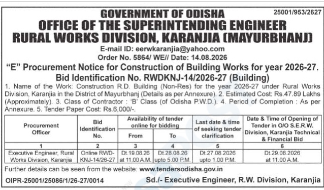 Odisha Government Rural Works Division Building Construction Tender Notice 2026