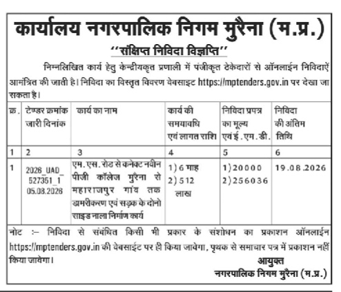 Office of Municipal Corporation Morena (M.P.) - "Brief Tender Notice"
