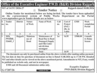 Office of the Executive Engineer P.W.D. (B&R) Division Rajgarh Tender Notice