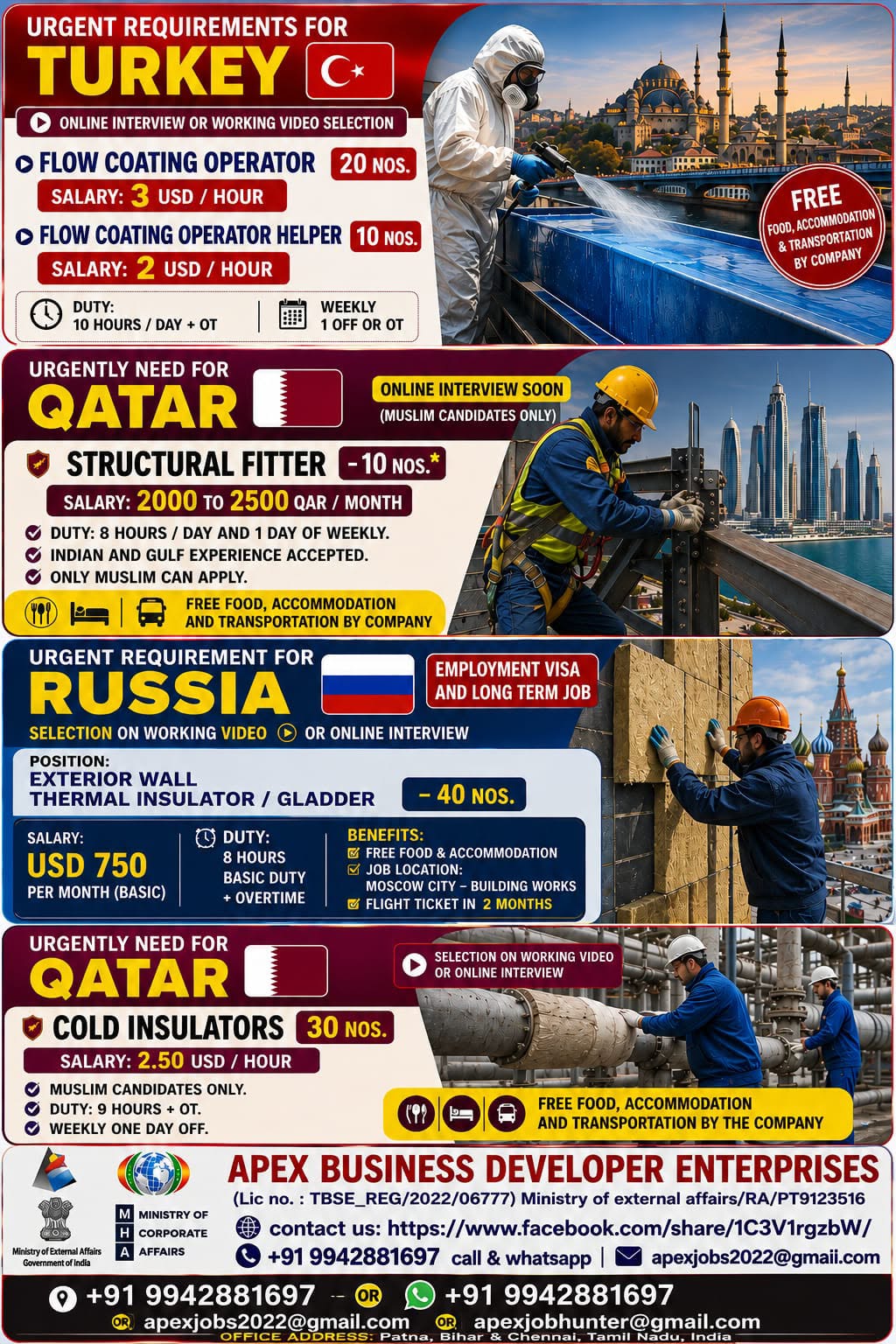 Overseas Job Openings in Turkey, Qatar, and Russia