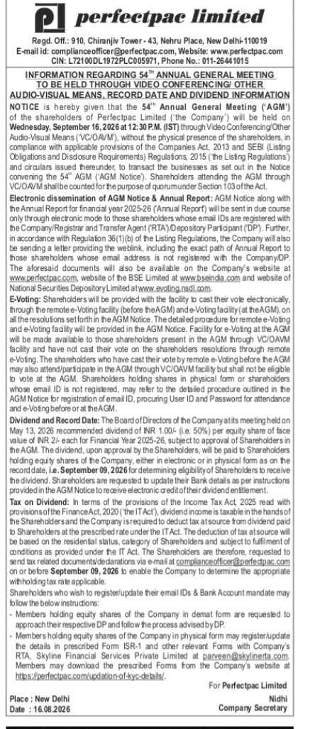 Perfectpac Limited 54th AGM Notice