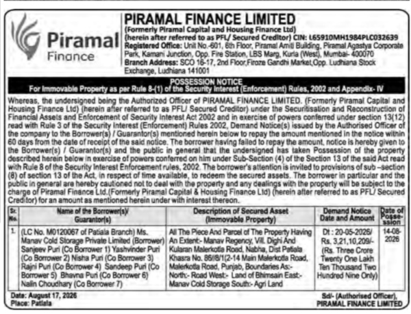 Piramal Finance Limited Possession Notice for Manav Cold Storage Private Limited