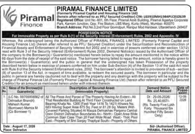 Piramal Finance Public Possession Notice (Mahesh Kumar & Mamta M, Dehradun).