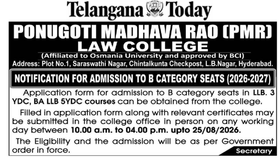 Ponugoti Madhava Rao Law College B-Category Admissions Notification 2026–2027