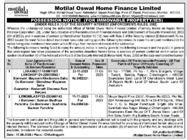 Possession Notice issued by Motilal Oswal Home Finance Limited under the SARFAESI Act, 2002.
