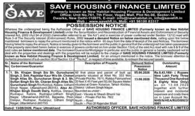 Possession Notice issued by SAVE Housing Finance Limited.