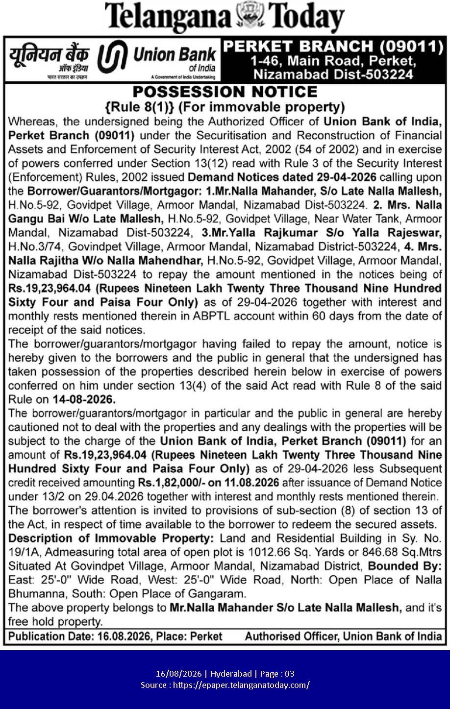 Possession Notice issued by Union Bank of India (Perket Branch)