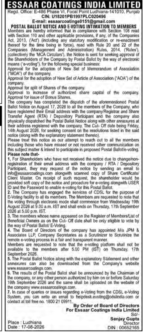 Postal Ballot Notice and E-Voting Intimation to Members of Essaar Coatings India Limited