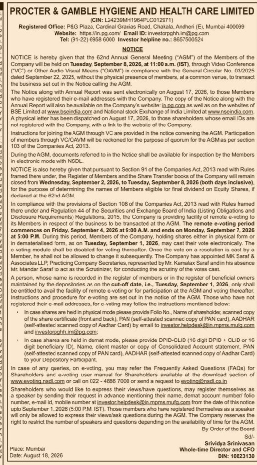 Procter & Gamble Hygiene and Health Care Limited – Notice of 62nd Annual General Meeting (AGM) and E-Voting Information
