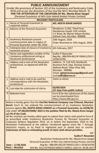 Public Announcement for Insolvency Resolution Process of Ms. Meeta Kiran Sangoi