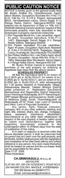 Public Caution Notice for Property Sale Agreement