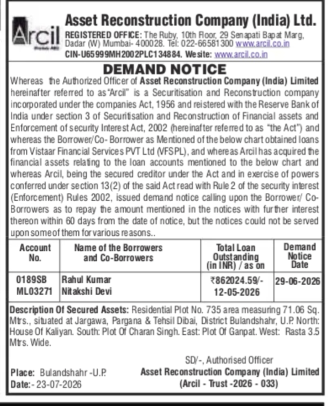 Public Demand Notice by Arcil for Loan Default