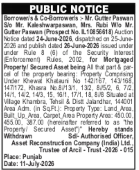 PUBLIC NOTICE about withdraws of auction for a mortgaged
