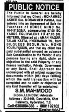 PUBLIC NOTICE: Agreement of Sale for House Property in Hyderabad