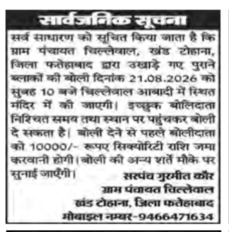Public Notice: Auction of Uprooted Old Blocks in Gram Panchayat Chillewal