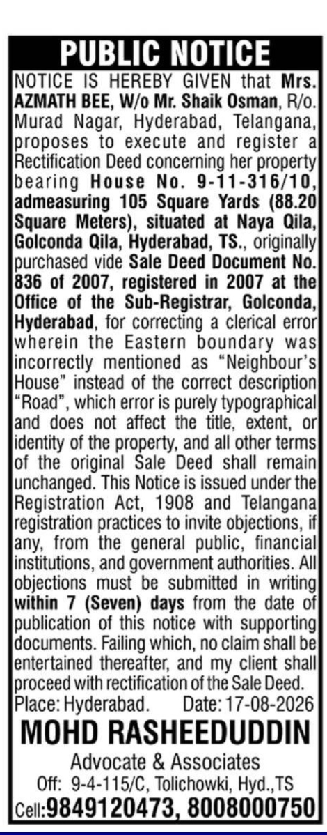 Public Notice: Correction of Sale Deed (Golconda, Hyderabad)