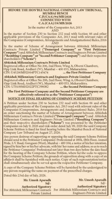 Public Notice: Final Hearing of Company Scheme Petition (Abhishek Millennium Contracts)