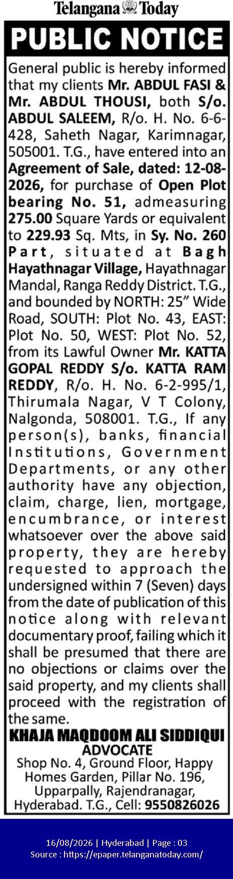 Public Notice for Agreement of Sale – Plot No. 51, Bagh Hayathnagar Village