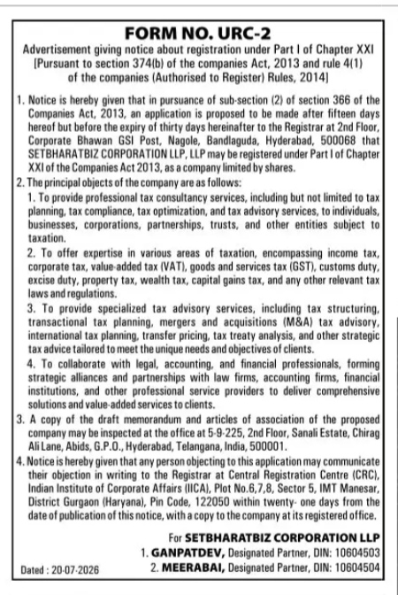 Public Notice for Company Registration under Section 366