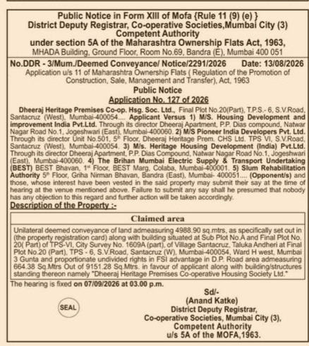 Public Notice for Deemed Conveyance - Dheeraj Heritage Premises Co-op. Hsg. Soc. Ltd.