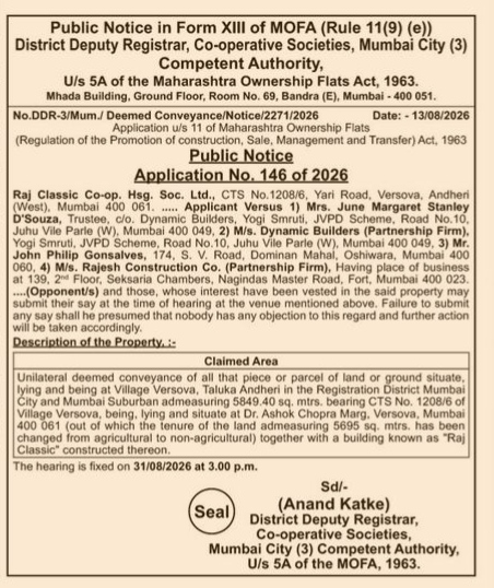 Public Notice for Deemed Conveyance of Raj Classic Co-op. Hsg. Soc. Ltd. (Application No. 146 of 2026)