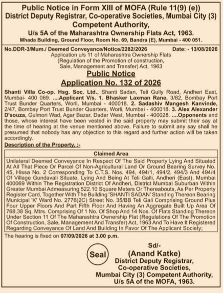 Public Notice for Deemed Conveyance: Shanti Villa Co-op. Hsg. Soc. Ltd.