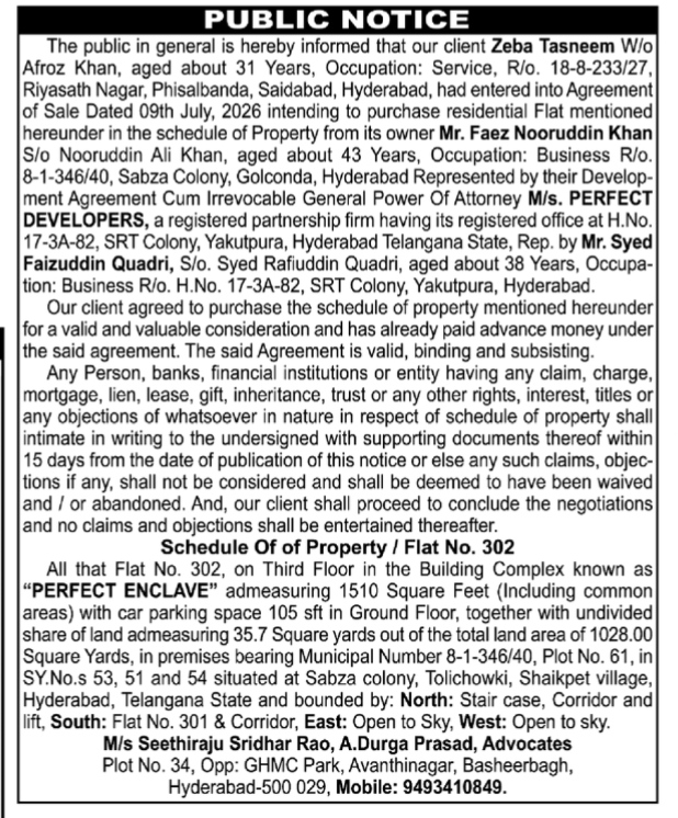 Public Notice for Intended Purchase of Flat No. 302, Perfect Enclave, Sabza Colony, Hyderabad