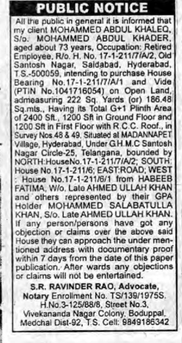 Public Notice for Intended Purchase of Property in Madannapet, Hyderabad