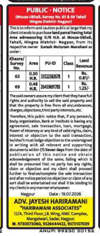 Public Notice for Land Purchase – Mouza-Ukhali, Nagpur (Most descriptive)
