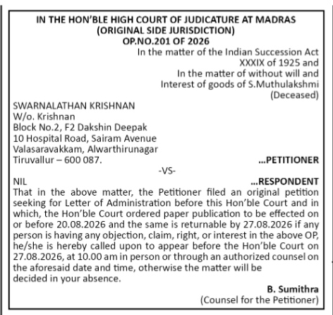 Public Notice for Letter of Administration (OP No. 201 of 2026) — Madras High Court