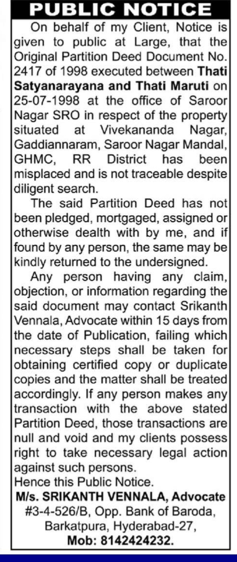 Public Notice for Lost Document