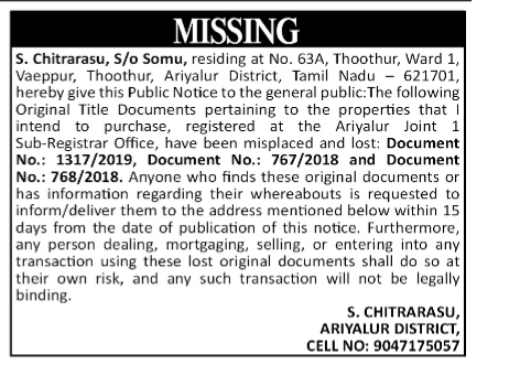 Public Notice for Lost Property Documents