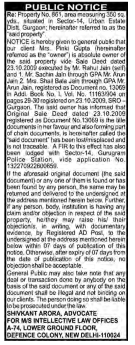 Public Notice for Lost Sale Deed and Property Title Objection