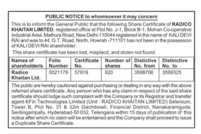 Public Notice for Lost Share Certificate – Radico Khaitan Limited