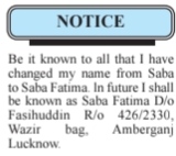 Public Notice for Name Change- saba Fatima