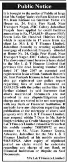 Public Notice for Property Mortgage and Lost Title Deed