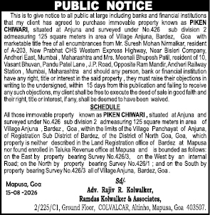 Public Notice for Property Purchase (Anjuna, Goa)
