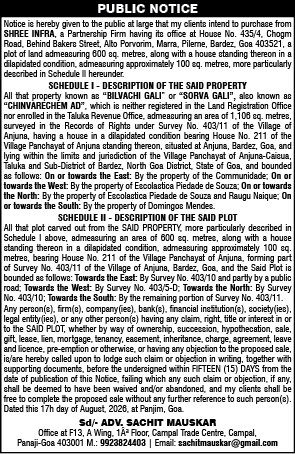 Public Notice for Property Purchase by Shree Infra in Anjuna, Goa