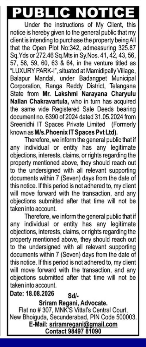 Public Notice for Property Purchase - Plot 342, Luxury Park-I