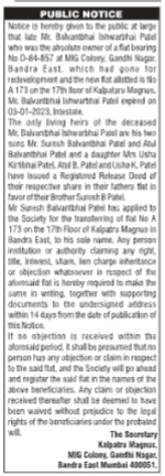 Public Notice for Property Transfer – Kalpataru Magnus, Bandra East
