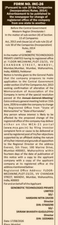 Public Notice for Shifting of Registered Office from Maharashtra to Karnataka