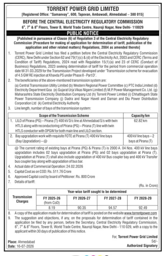 Public Notice for Tariff Determination of Torrent Power Grid Limited