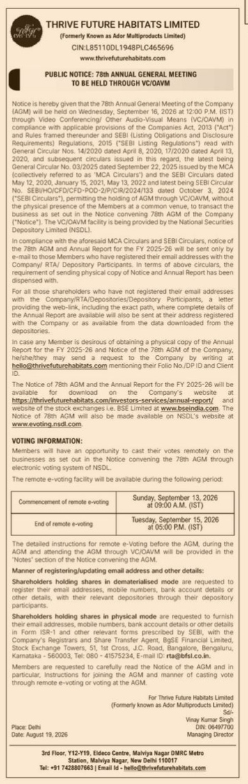 Public Notice for the 78th Annual General Meeting of Thrive Future Habitats Limited