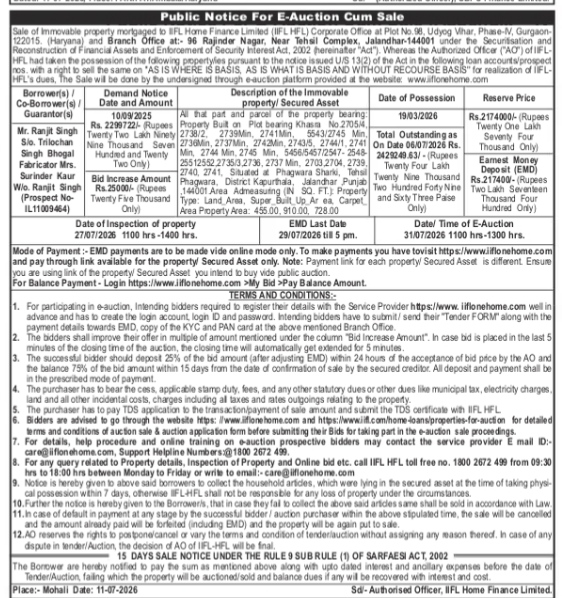 PUBLIC NOTICE FOR THE E-AUCTION OF IMMOVABLE PROPERTY