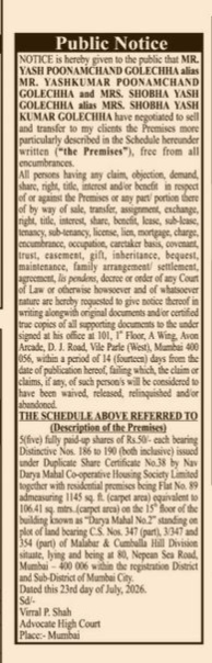 Public Notice Issued by Advocate Virral P. Shah for Sale of Flat No. 89 in Darya Mahal No. 2, Mumbai